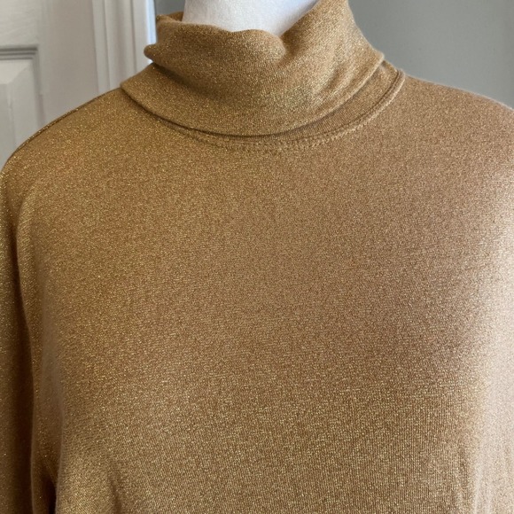 Gold Metallic Turtleneck Long Sleeve Top Sparkle Shimmer Holiday Party - Picture 8 of 8